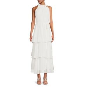 Julia Jordan Tiered A Line Maxi Dress 8 NWOT White Chiffon Dot Bridal Grad Glam